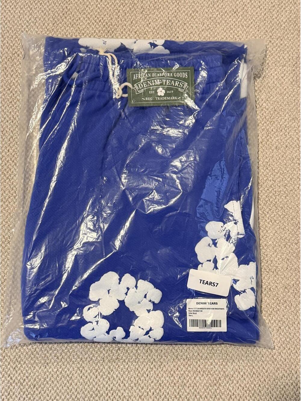 NWT AUTHENTIC Denim Tears Adult L Blue Cotton Wreath Open Hem Sweatpants